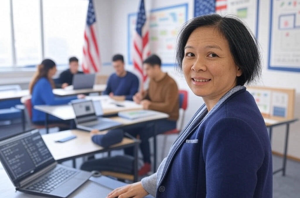 US teacher in a hybrid classroom with laptops, American flags, and educational posters in the background